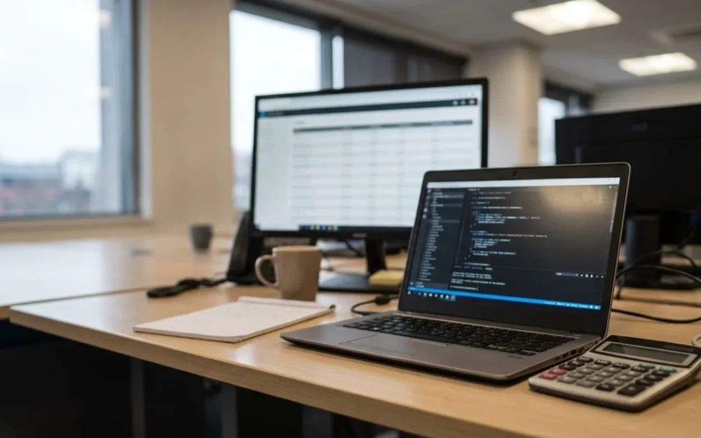 Developer's desk with a laptop showing code, a second monitor of usage tables and a handheld calculator