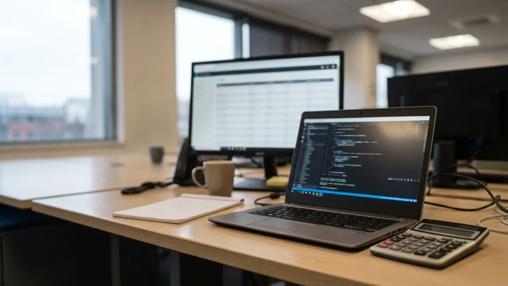 Developer's desk with a laptop showing code, a second monitor of usage tables and a handheld calculator