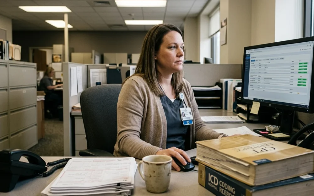 Medical billing specialist reviewing insurance claims on a computer in a hospital office