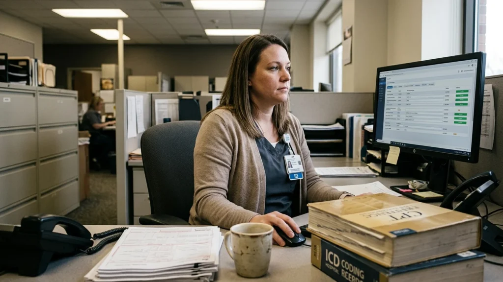Medical billing specialist reviewing insurance claims on a computer in a hospital office