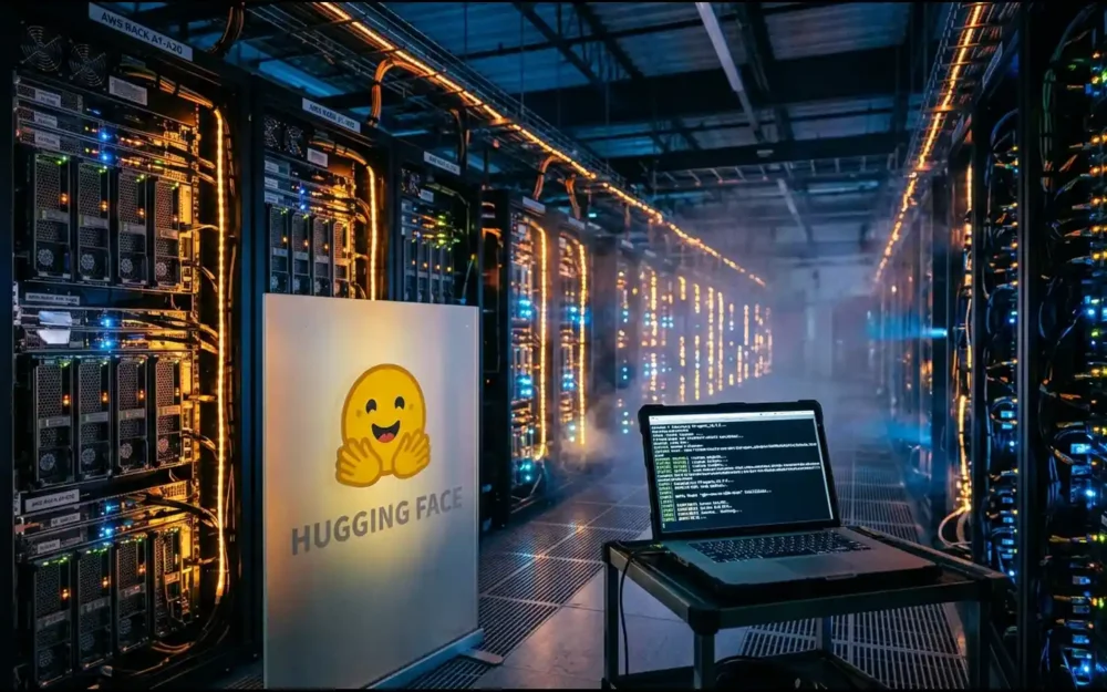 Server racks and a coding agent terminal illustrating how to deploy Hugging Face models on SageMaker AI | AI Tools