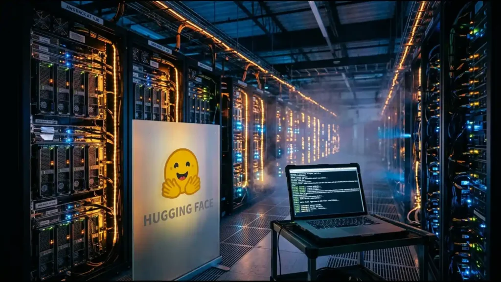 Server racks and a coding agent terminal illustrating how to deploy Hugging Face models on SageMaker AI | AI Tools