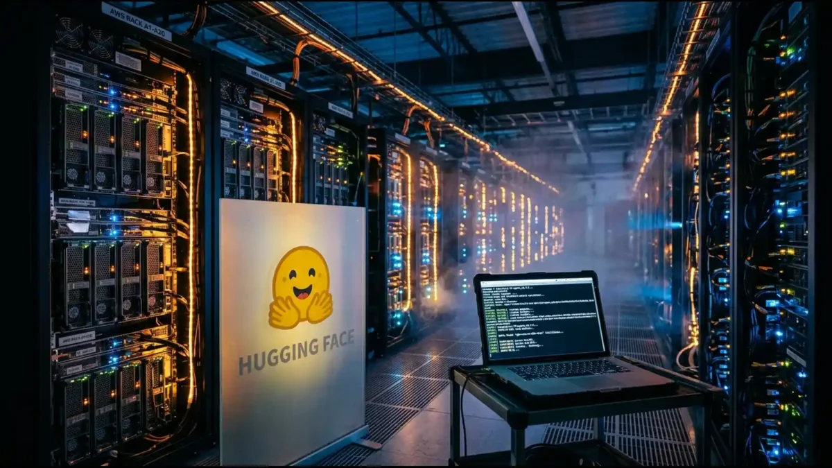 Server racks and a coding agent terminal illustrating how to deploy Hugging Face models on SageMaker AI | AI Tools
