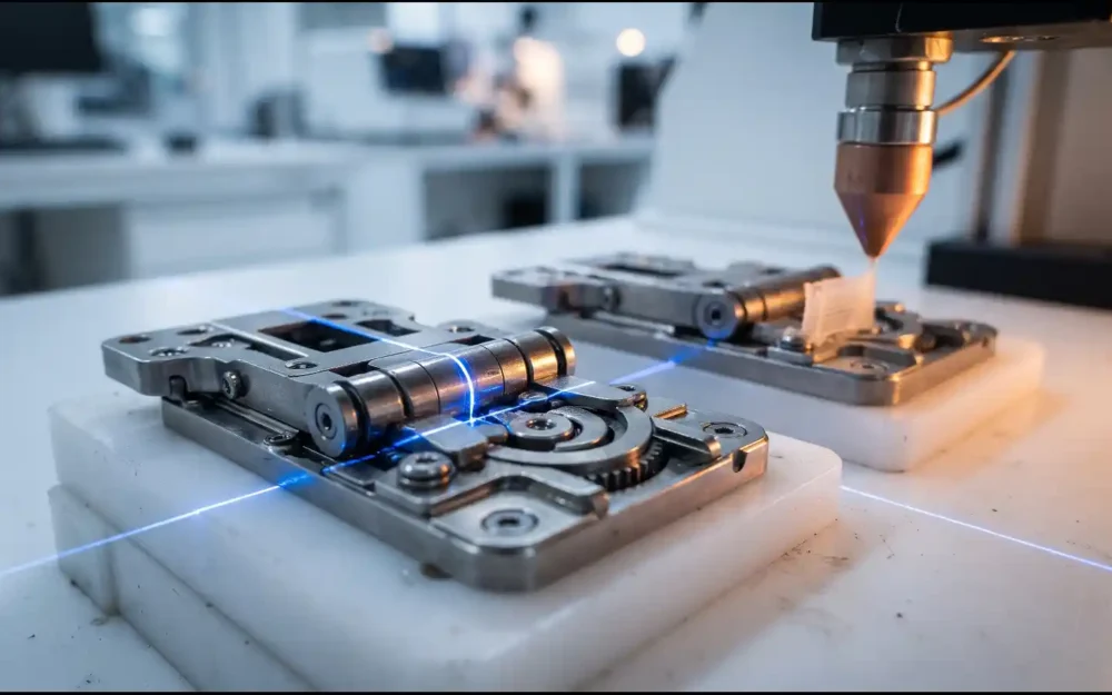 Macro shot of Apple's foldable phone hinge being laser-scanned and 3D-printed during manufacturing
