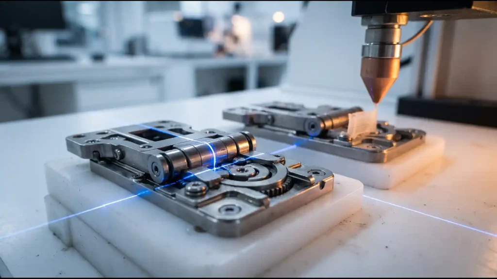 Macro shot of Apple's foldable phone hinge being laser-scanned and 3D-printed during manufacturing