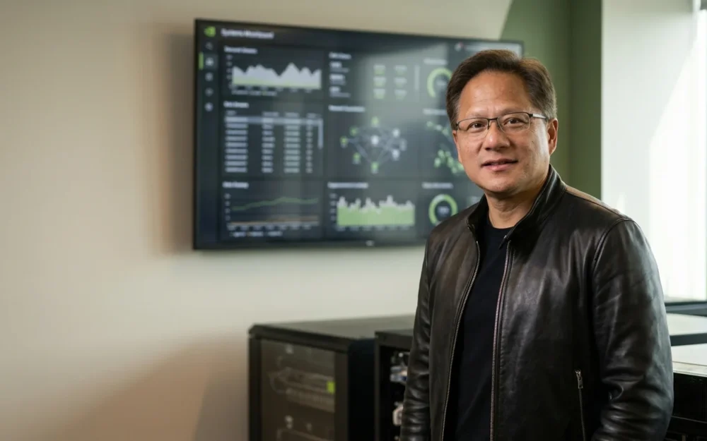 Jensen Huang in an editorial portrait with an abstract systems monitor in the background