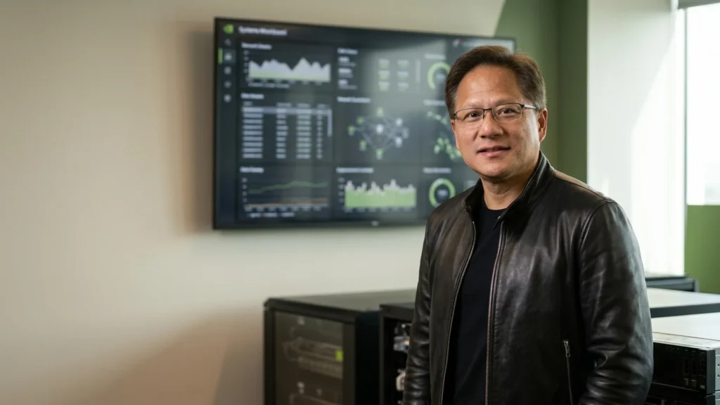 Jensen Huang in an editorial portrait with an abstract systems monitor in the background