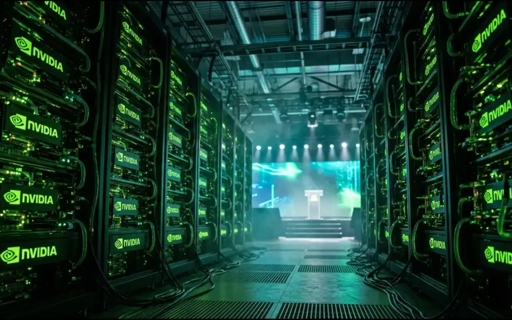 Nvidia server hardware and conference stage representing Huang's dont need regulation AI safety stance