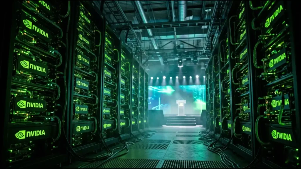 Nvidia server hardware and conference stage representing Huang's dont need regulation AI safety stance