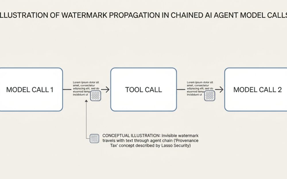 Diagram of chained AI agent steps with a watermark icon following the generated text