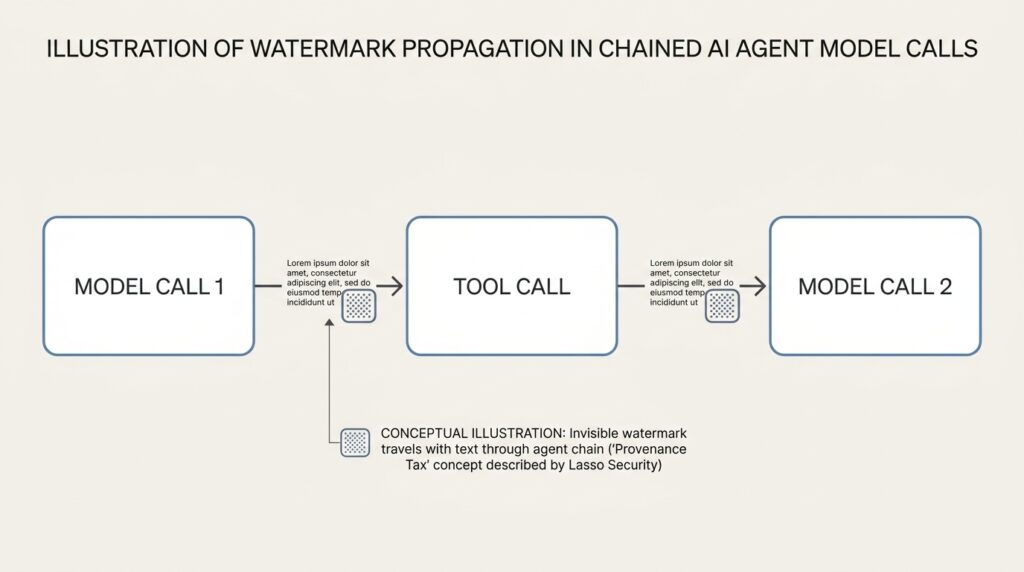 Diagram of chained AI agent steps with a watermark icon following the generated text