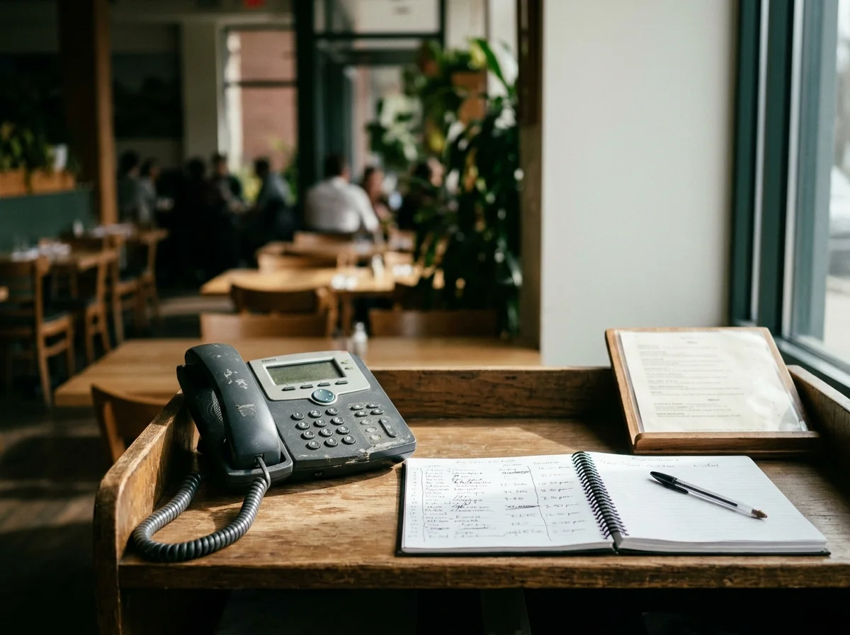 A landline desk phone and a paper reservation book on a small restaurant host counter in daylight