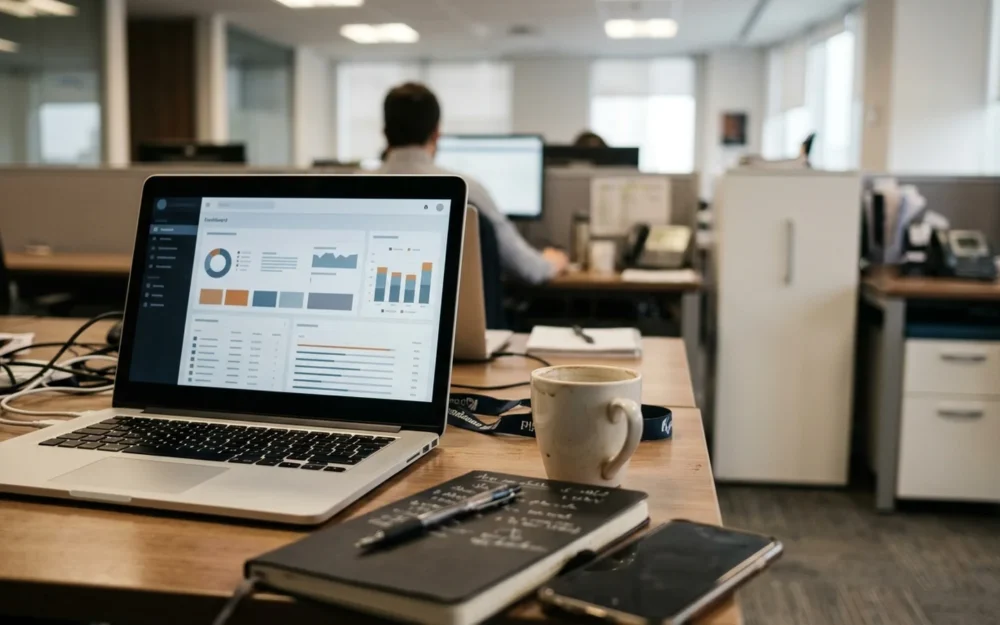 Business analyst's desk with a laptop showing an unreadable software dashboard beside a notebook and phone