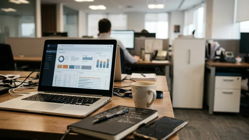 Business analyst's desk with a laptop showing an unreadable software dashboard beside a notebook and phone