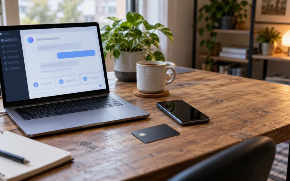 Laptop showing a generic chat assistant window beside a smartphone and a credit card on a home desk