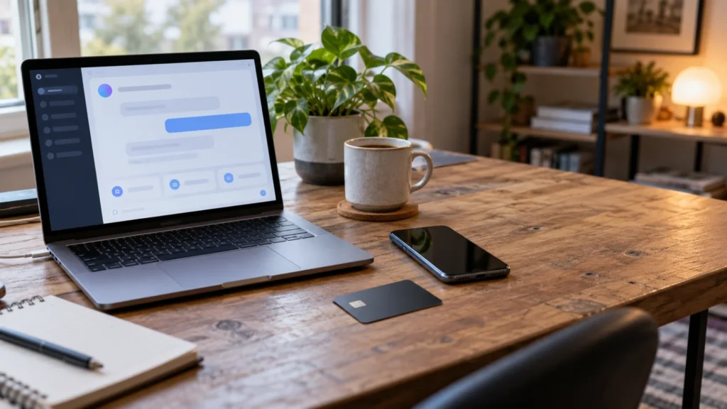 Laptop showing a generic chat assistant window beside a smartphone and a credit card on a home desk