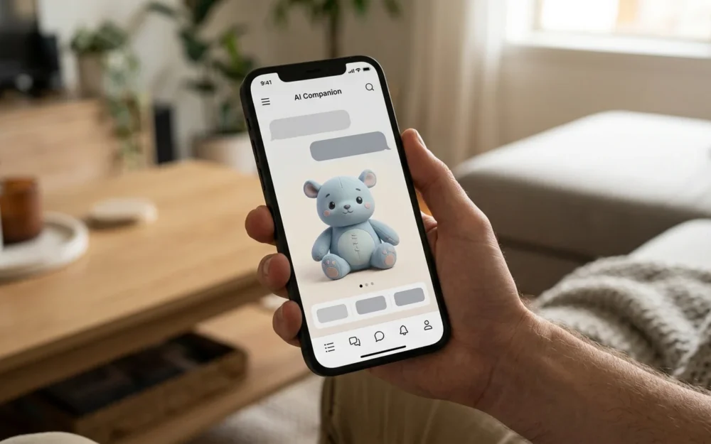 Smartphone showing an AI companion app with a soft plush style mascot character on screen
