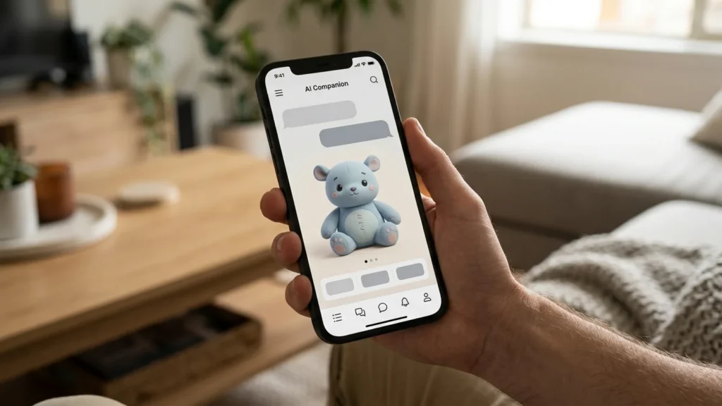Smartphone showing an AI companion app with a soft plush style mascot character on screen