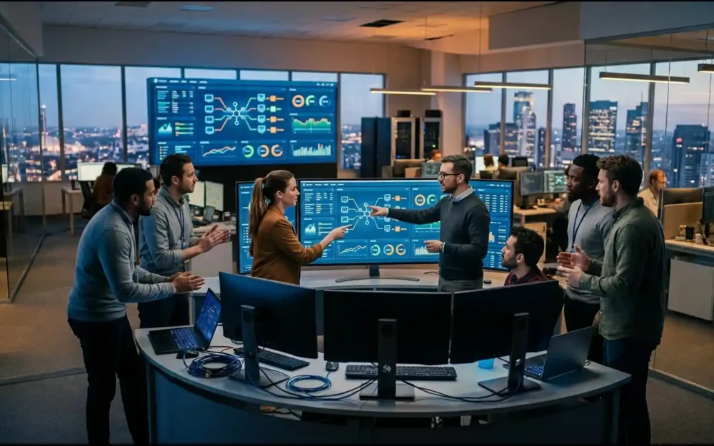 Bank engineers reviewing Ninth Wave Compass AI onboarding dashboard built on Amazon Bedrock | AI Tools