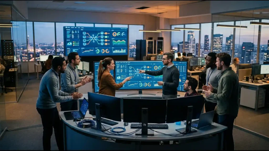 Bank engineers reviewing Ninth Wave Compass AI onboarding dashboard built on Amazon Bedrock | AI Tools