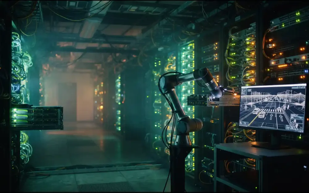 GPU server racks and robotic arm illustrating a physical AI model build on AWS | Guides
