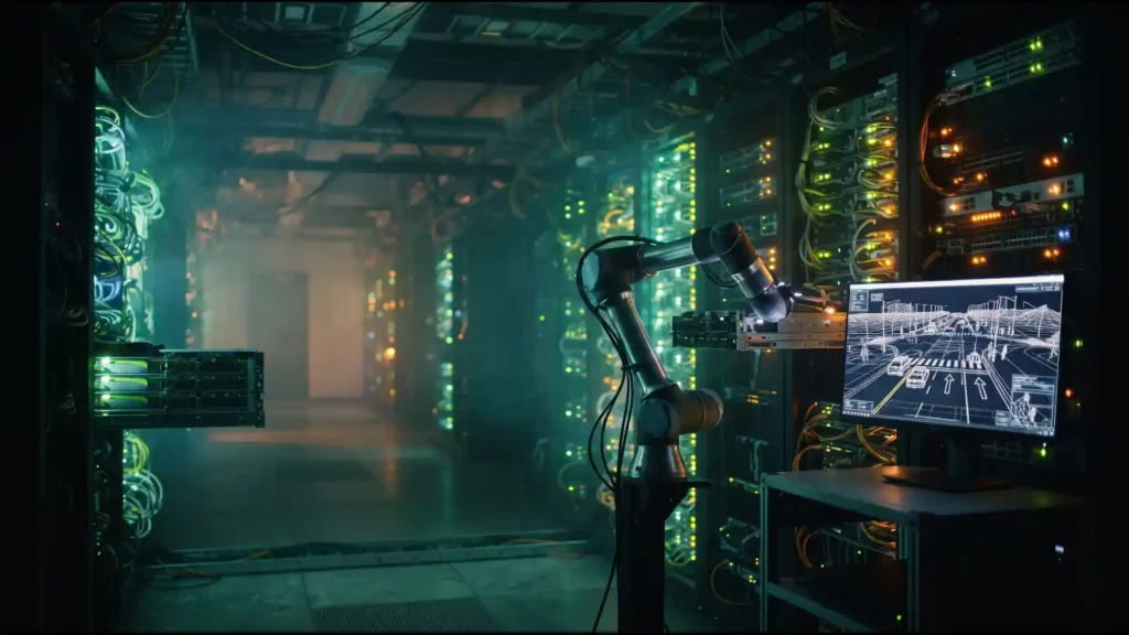 GPU server racks and robotic arm illustrating a physical AI model build on AWS | Guides