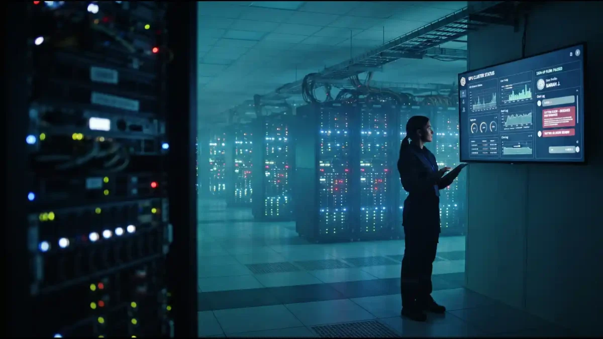 Server racks glowing at night, representing OpenAI pauses pro subscriptions amid Astra demand | AI Models