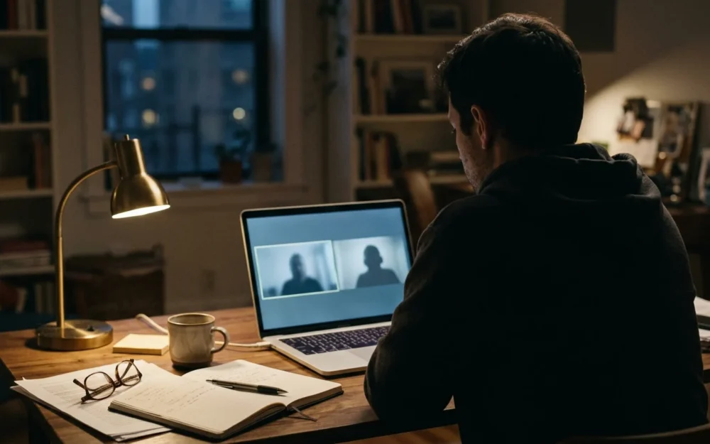 Silhouette of a person facing a laptop screen showing a video call style interface