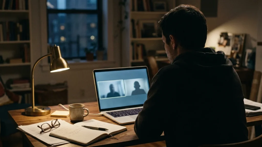 Silhouette of a person facing a laptop screen showing a video call style interface