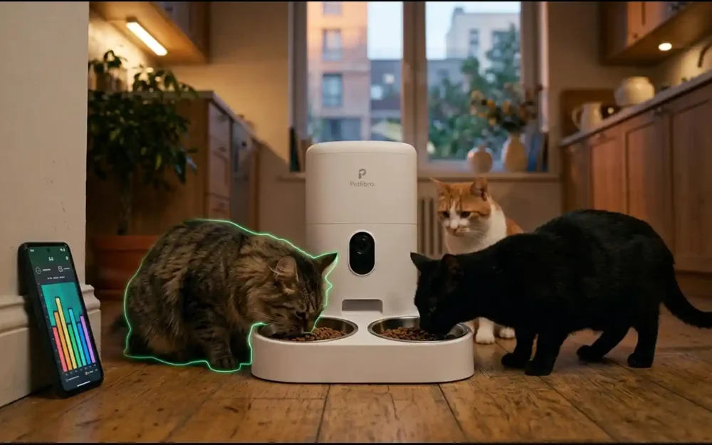 Cats using Petlibro's AI-powered feeder, the Granary 2 Vision Duo, in a home kitchen | AI Tools