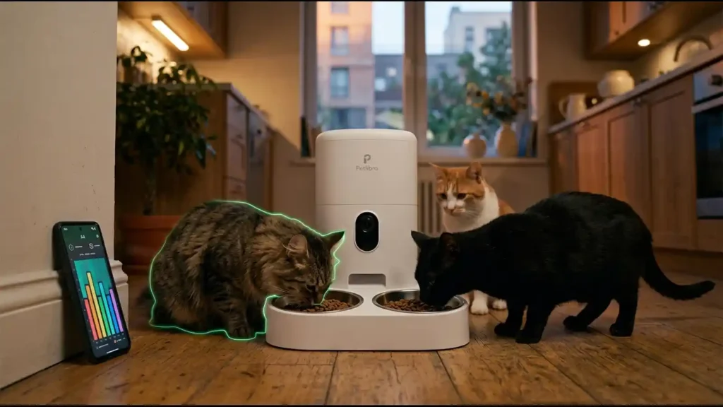 Cats using Petlibro's AI-powered feeder, the Granary 2 Vision Duo, in a home kitchen | AI Tools