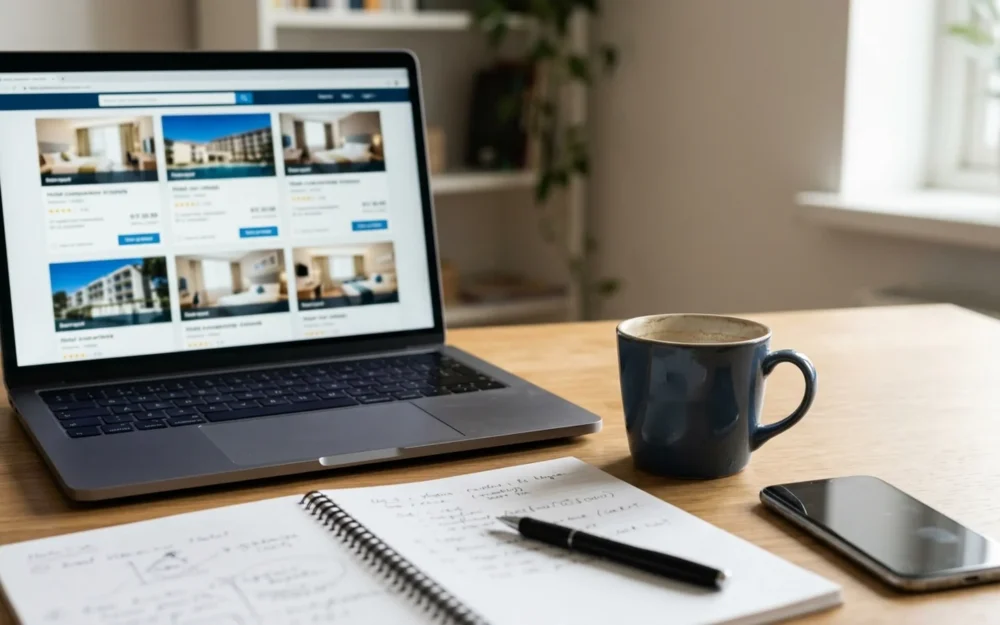 Laptop on a home desk showing a generic hotel comparison grid, with a smartphone and notebook beside it