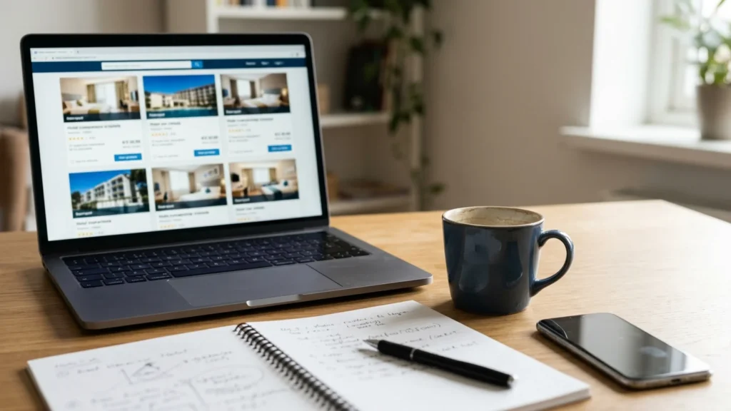 Laptop on a home desk showing a generic hotel comparison grid, with a smartphone and notebook beside it