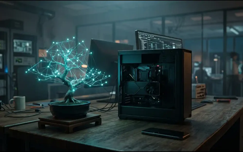Bonsai tree beside a GPU workstation and smartphone, PrismML hopes tiny models run locally | AI Models