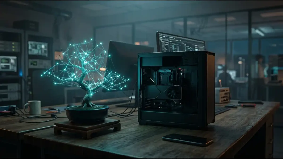 Bonsai tree beside a GPU workstation and smartphone, PrismML hopes tiny models run locally | AI Models