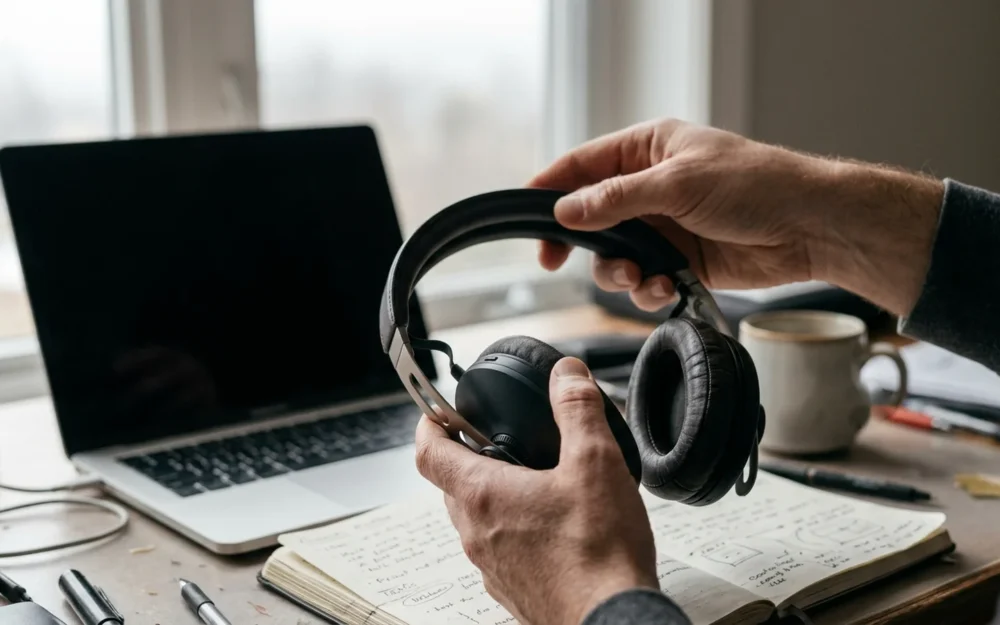 Premium over ear wireless headphones being handled during a review testing session