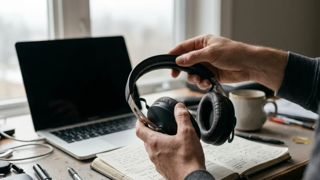 Premium over ear wireless headphones being handled during a review testing session