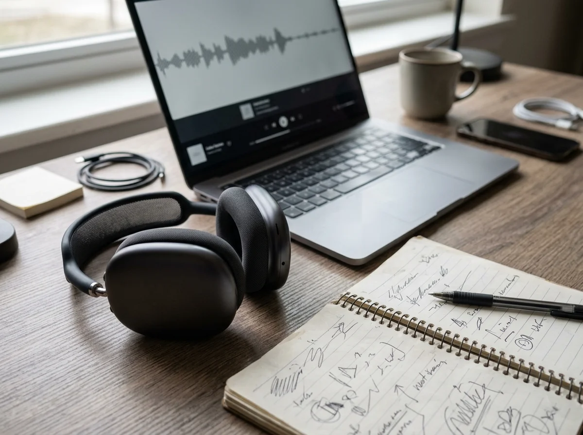 Wireless headphones resting beside a laptop on a desk during ongoing multi week testing