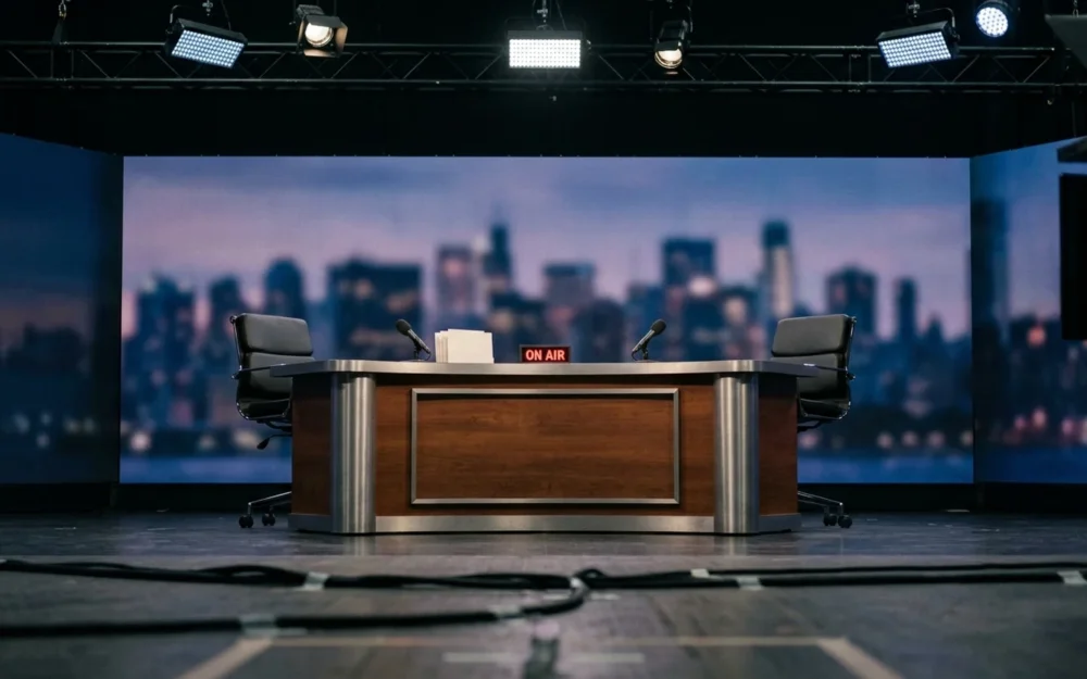 The Saturday Night Live Weekend Update anchor desk set before broadcast