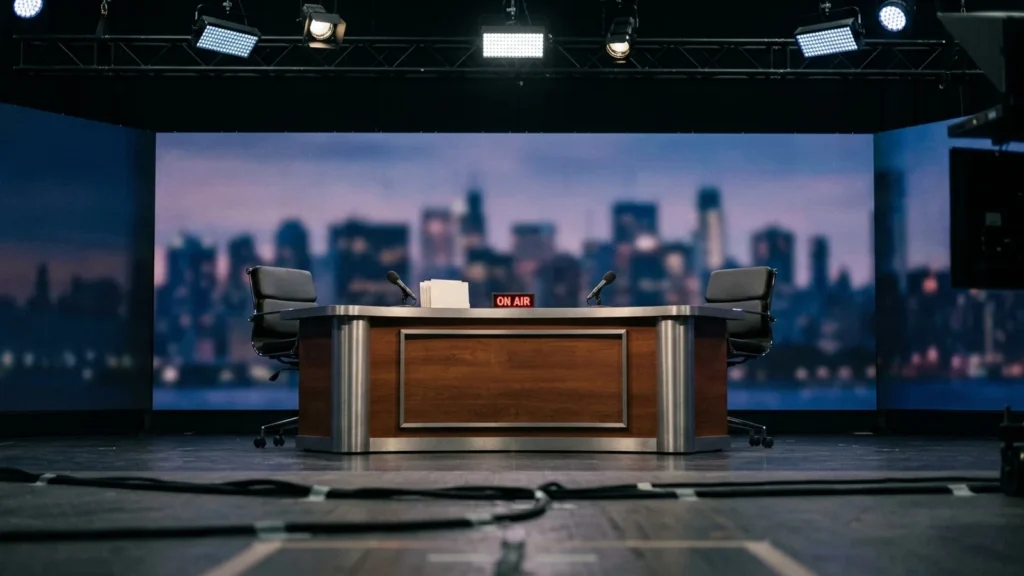 The Saturday Night Live Weekend Update anchor desk set before broadcast