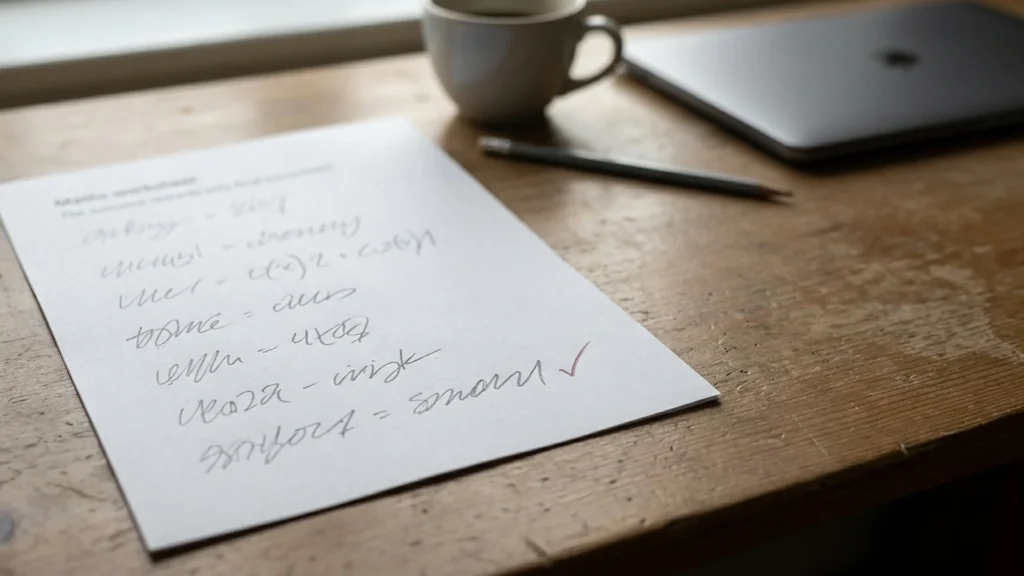 Hand marked maths worksheet on a desk beside a laptop, with a tick on the final answer and none beside the working