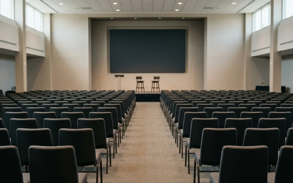 Empty conference hall with rows of chairs facing a plain stage under soft daylight