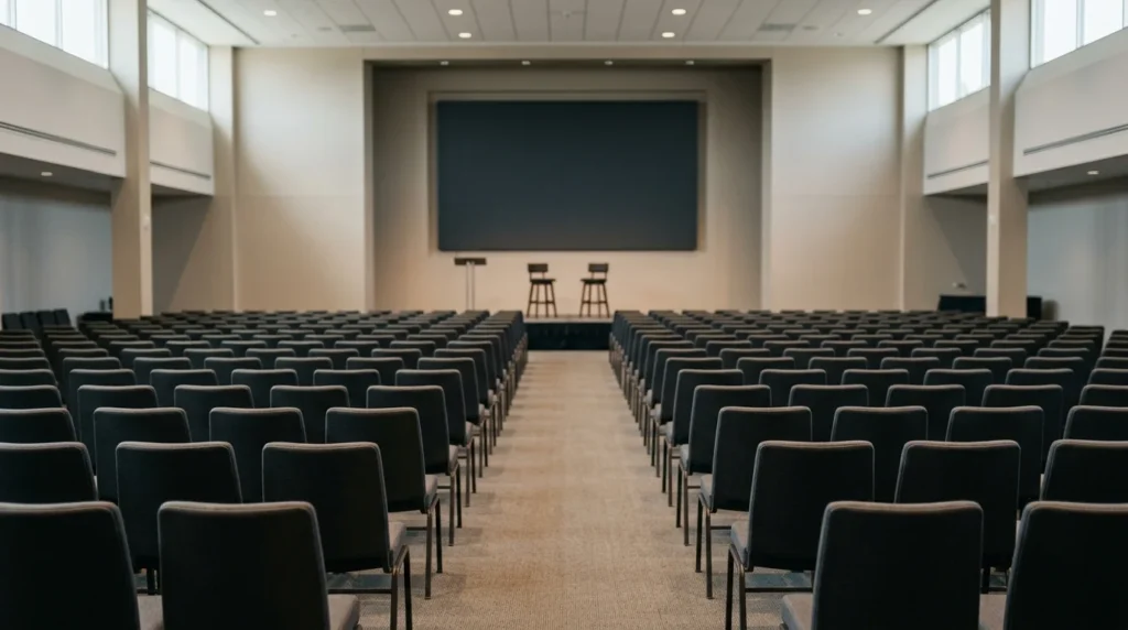 Empty conference hall with rows of chairs facing a plain stage under soft daylight