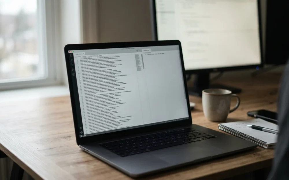 Developer's desk with a laptop showing two plain-text instruction files side by side, one long and one a single line