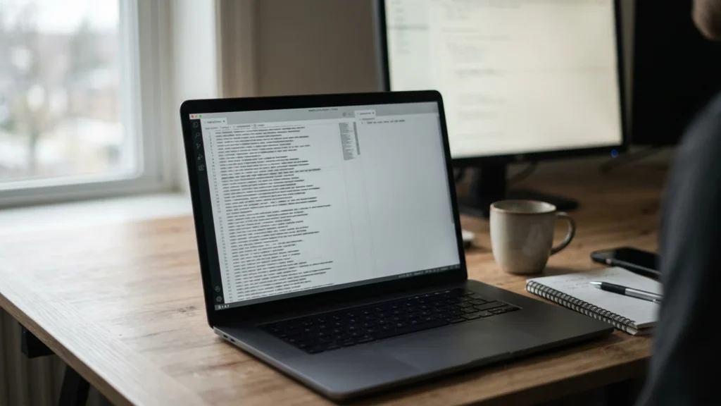 Developer's desk with a laptop showing two plain-text instruction files side by side, one long and one a single line