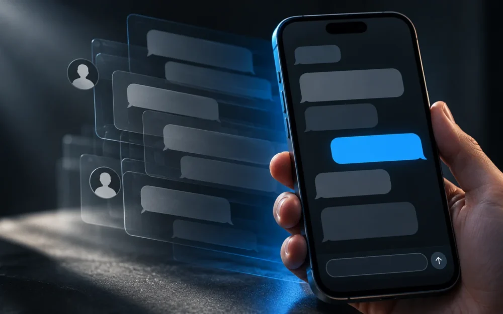 Smartphone showing a message thread with one reply from an unlabeled sender and a faint layer of earlier messages beneath