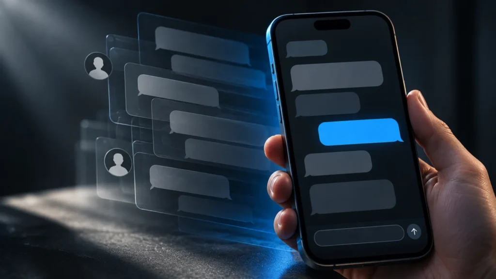 Smartphone showing a message thread with one reply from an unlabeled sender and a faint layer of earlier messages beneath