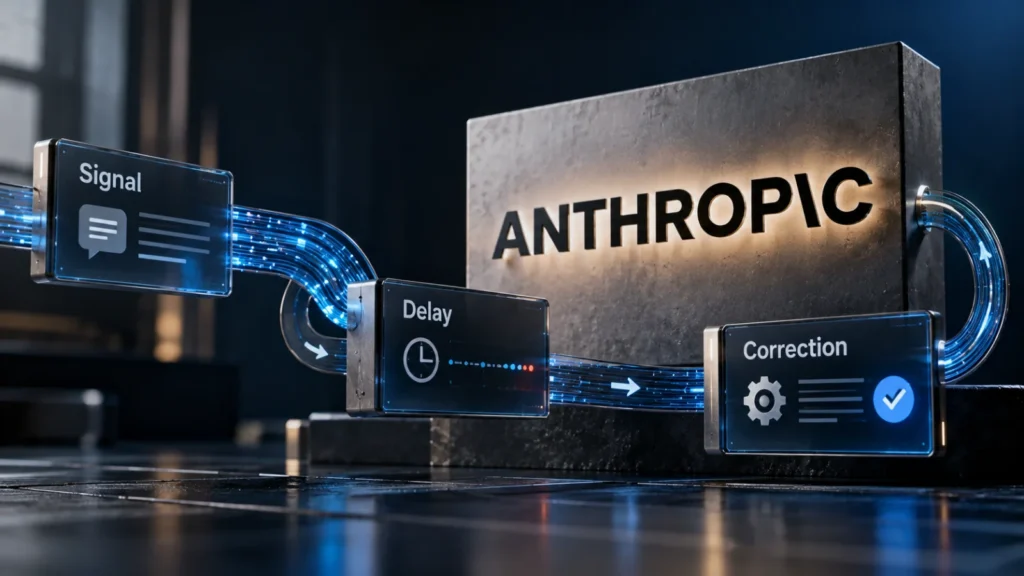 Steel ring with a small gap beside an etched-glass Anthropic logo plate, illustrating a feedback loop with a delay