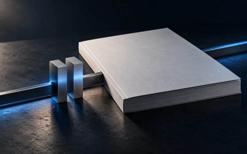 A closed printed report on a graphite surface with a matte pause bar set across a rail that continues beyond it
