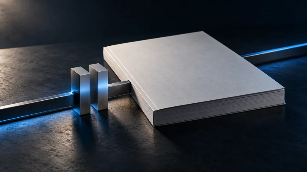A closed printed report on a graphite surface with a matte pause bar set across a rail that continues beyond it